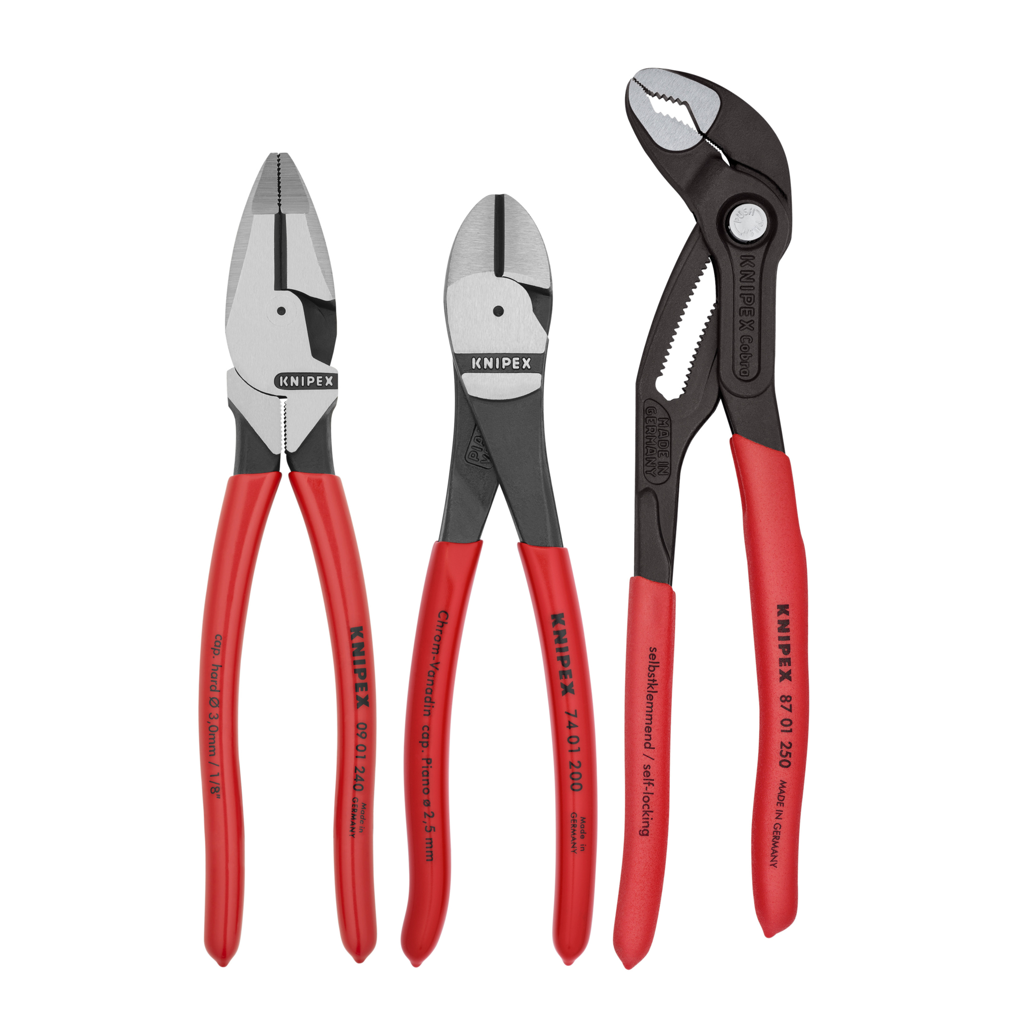 KNIPEX Professional Pliers Set - 3 Pcs, High Leverage Diagonal Cutter, Lineman's Pliers, Cobra Water Pump Pliers, Steel, Model# 9K 00 80 157 US